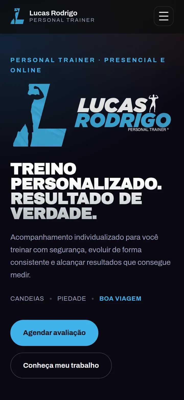Versão mobile do site desenvolvido para Lucas Rodrigo Personal Trainer